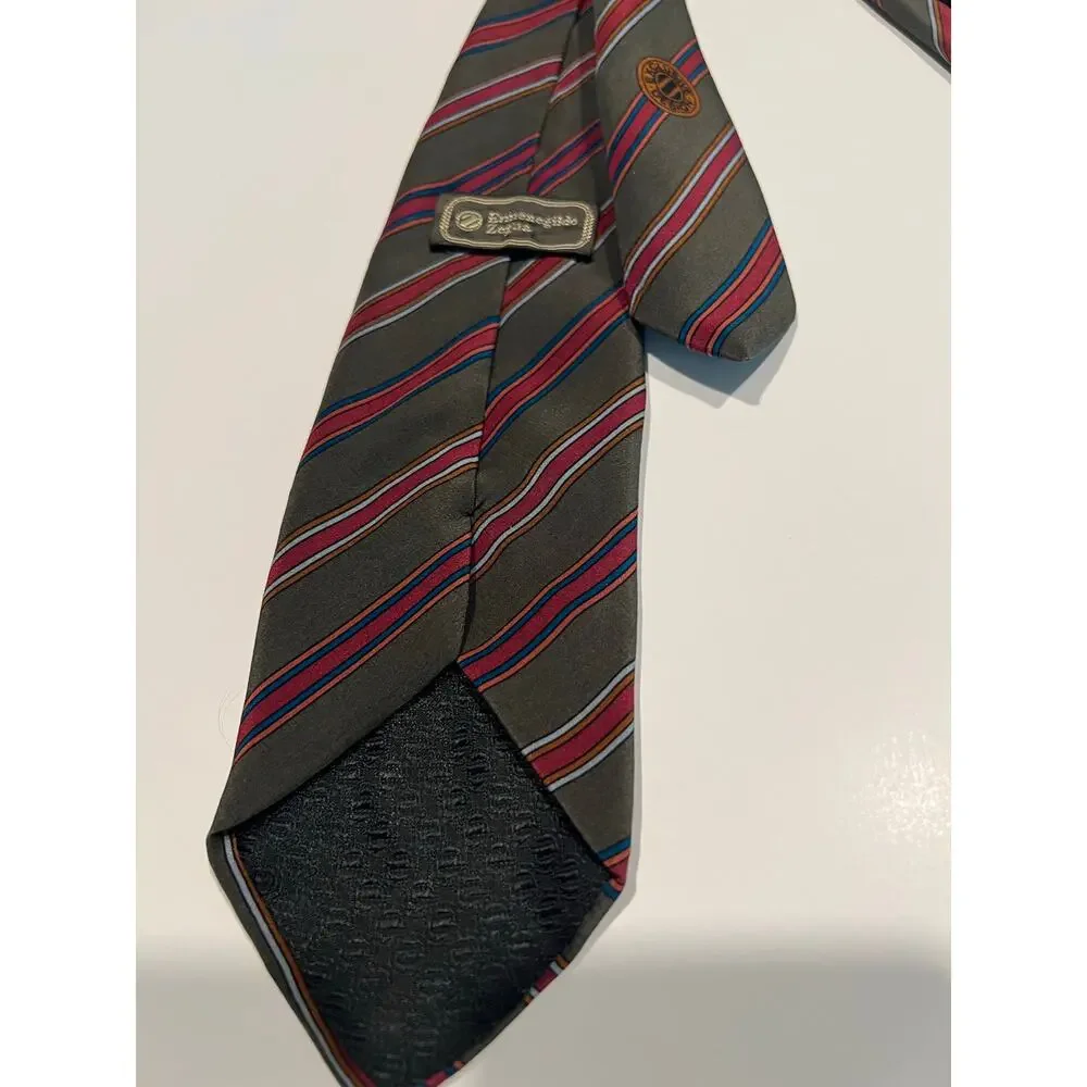 Ermenegildo Zegna Men’s Silk Necktie Dark Gray Red Gold JL